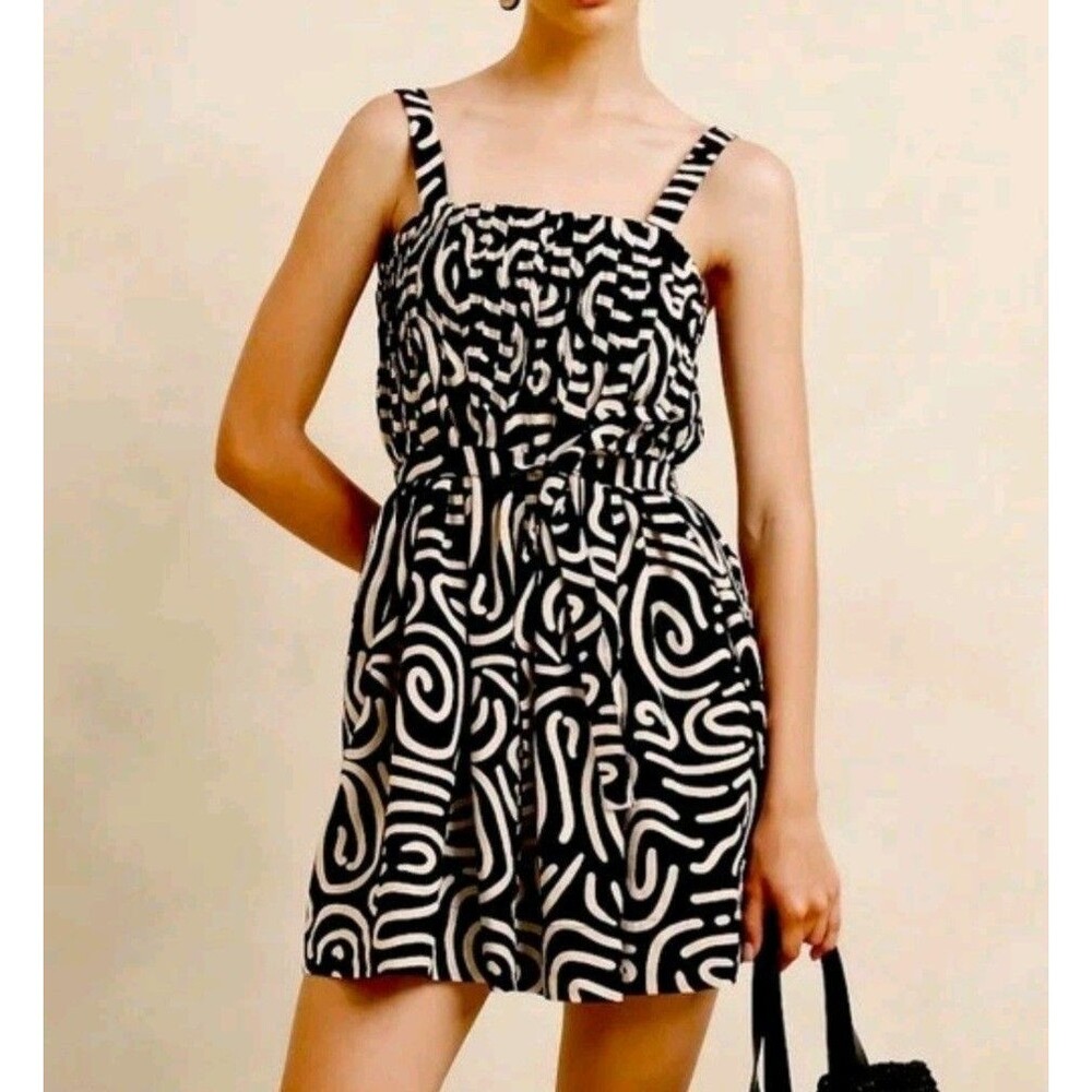 Banana Republic Factory Linen Blend Mini Dress Abstract Black/Beige sz M Pockets